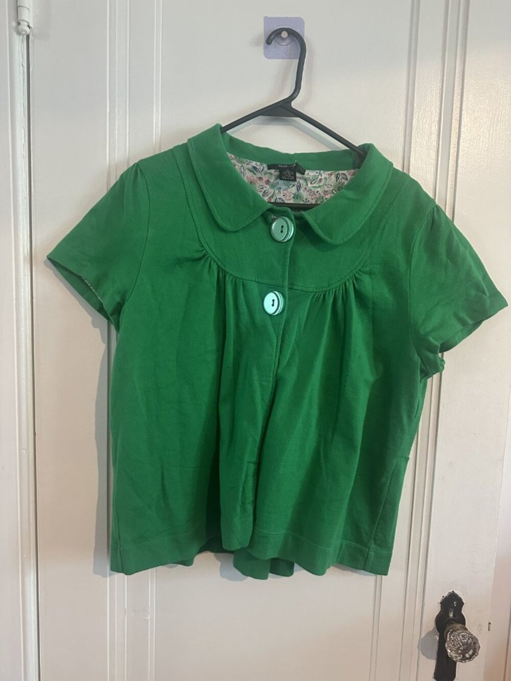 Style & Co Kelly Green Short Sleeve Cardigan XL Peter Pan Collar Floral Lined